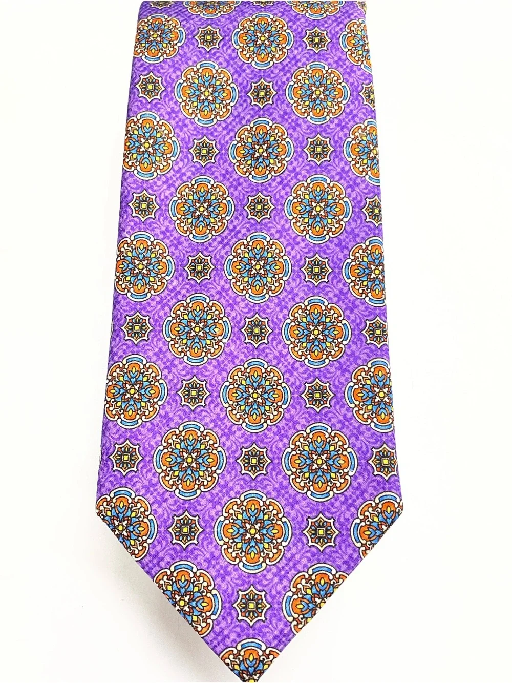 David Donahue Purple Medallion Silk Tie with Orange and Blue Accents